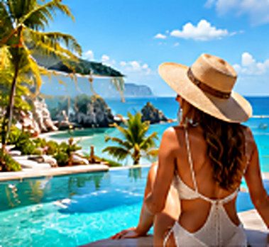 Voyageuse au chapeau devant une piscine à débordement